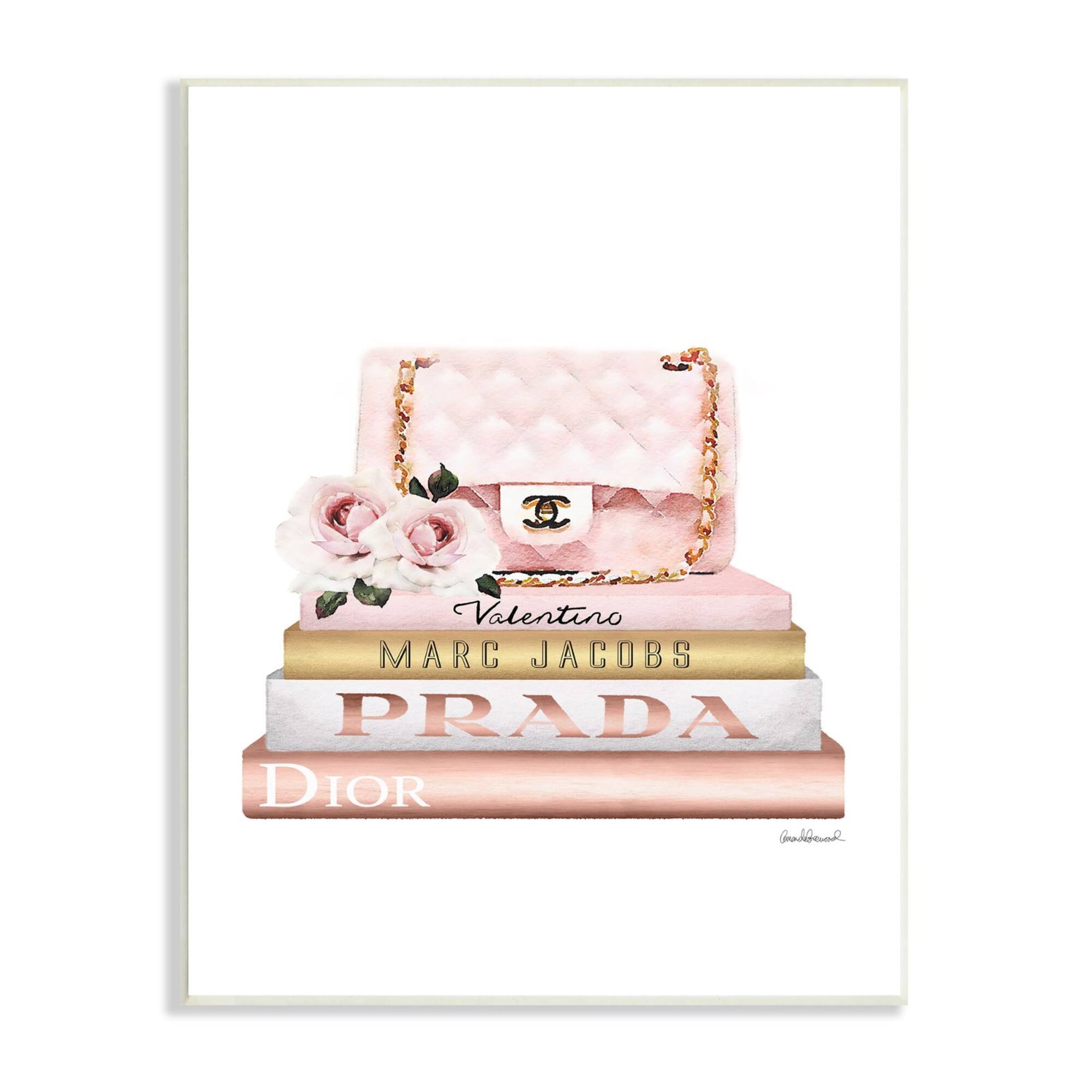 Stupell Industries Pink Purse Gold Bookstack Glam Fashion Watercolor Design Wood Wall Plaque